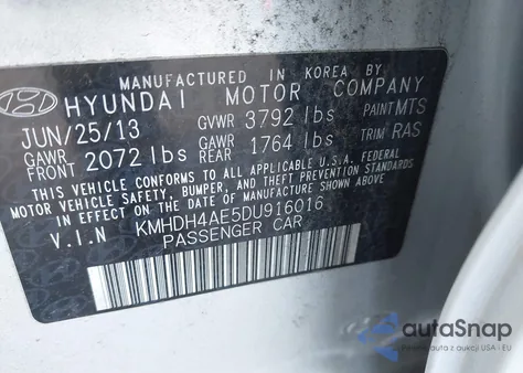 2013 Hyundai Elantra Gls из США, поврежденный, VIN KMHDH4AE5DU916016